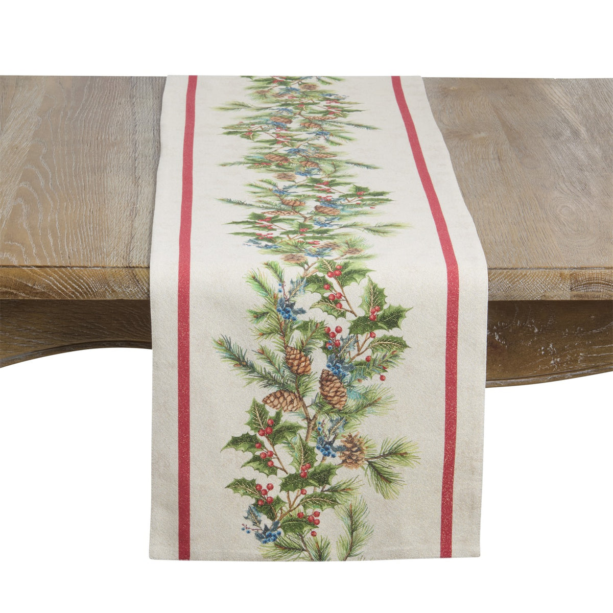 Christmas Multi Pinecone and Holly Table Runner, 95% Cotton, 3% Metallic, 2% Polyester