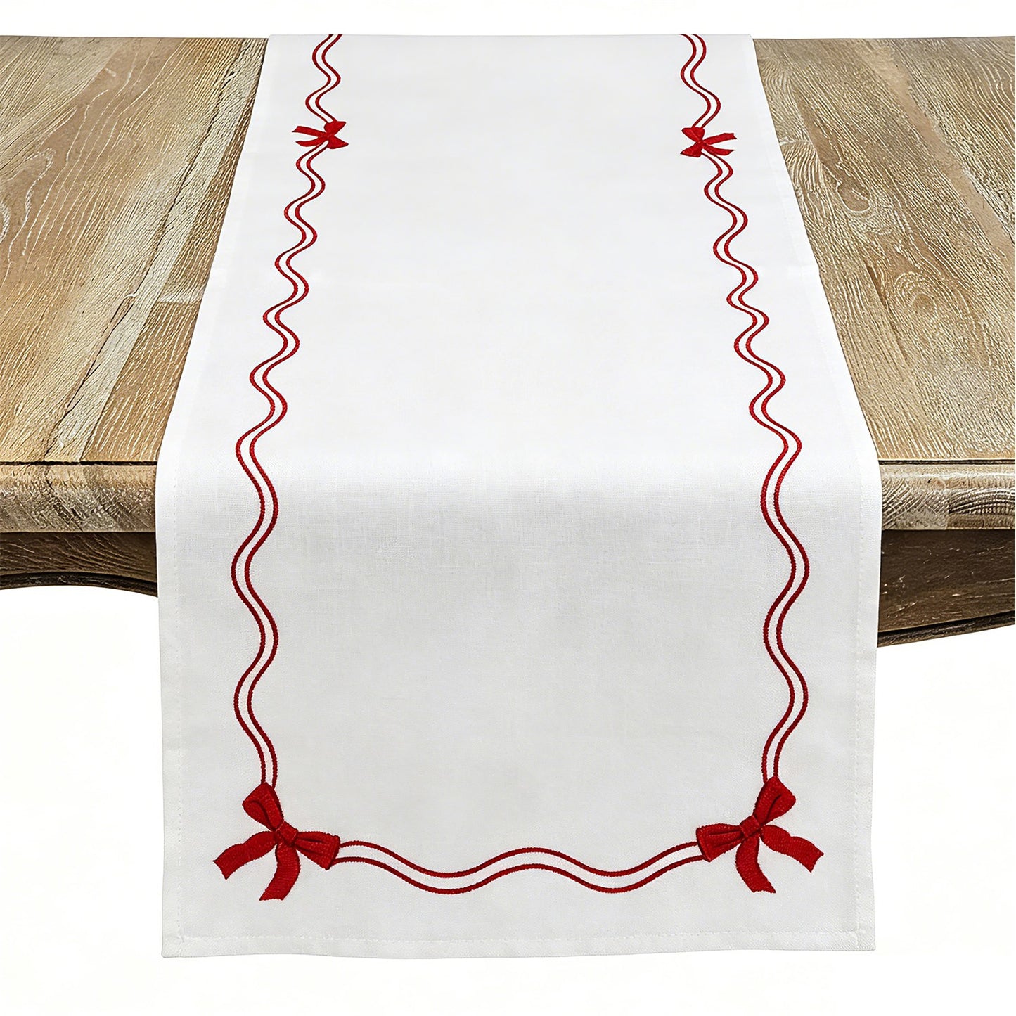 Everyday / All Season White/Red Bow Border Table Runner, 100% polyester