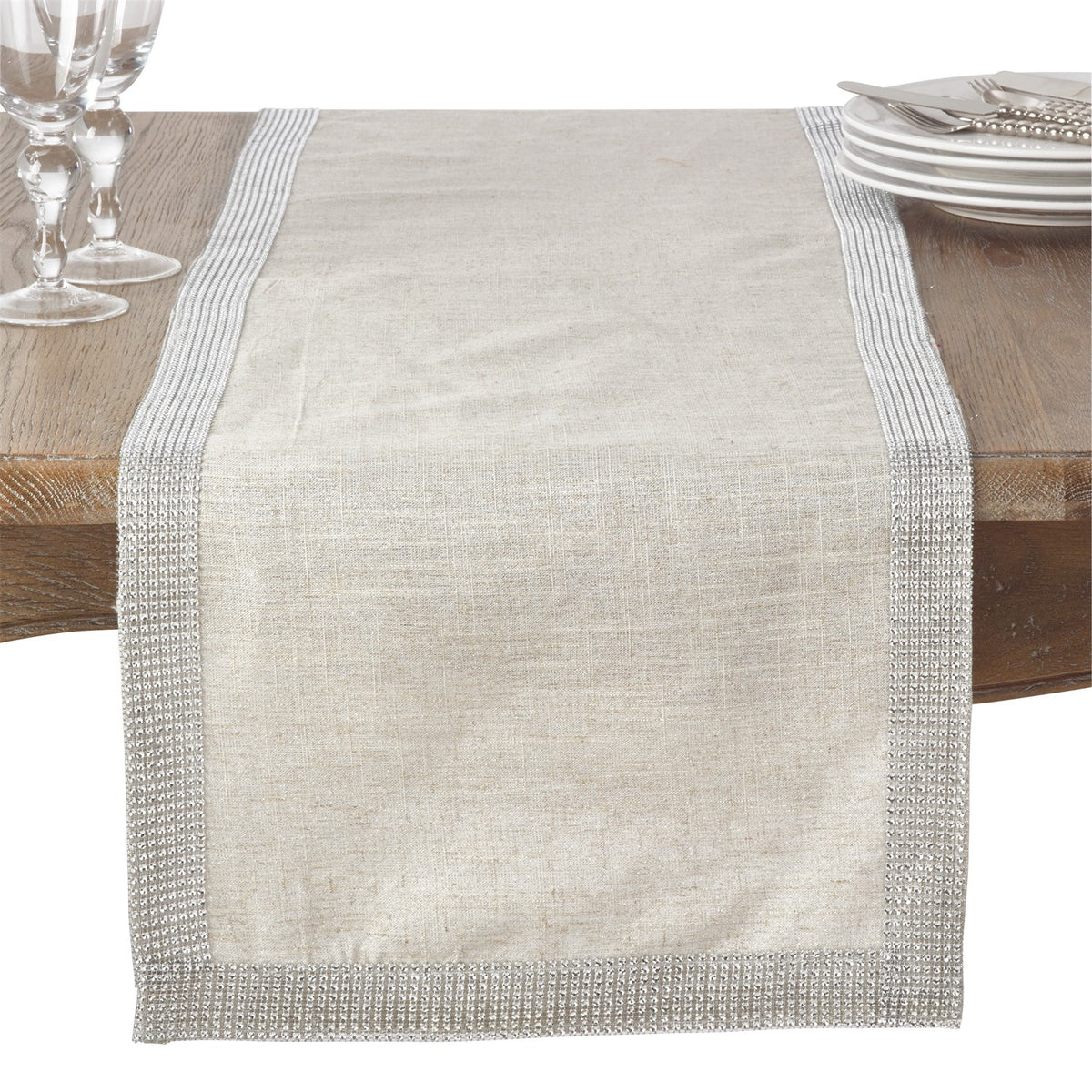 Everyday / All Season Silver Studded Table Runner, 80% polyester - 20% linen