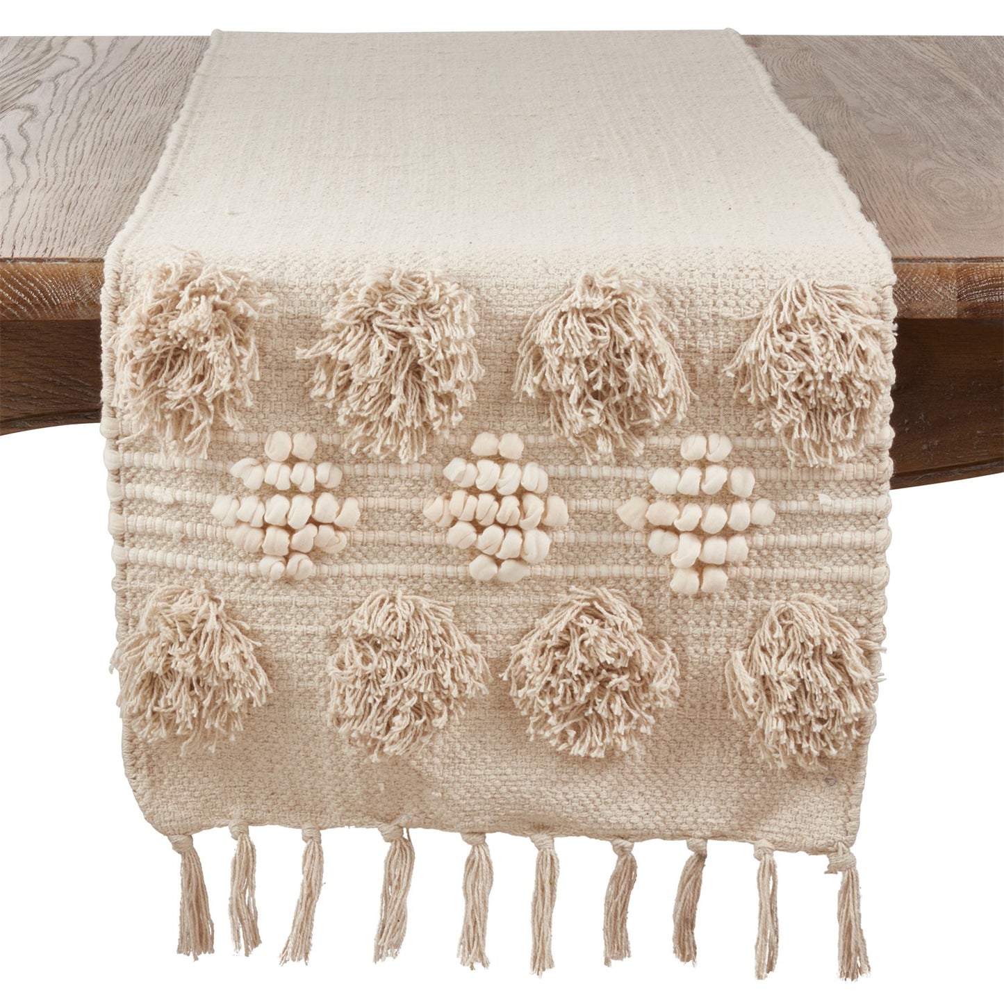 Everyday / All Season Ivory Off-White Tassel Moroccan Table Runner, 100% cotton