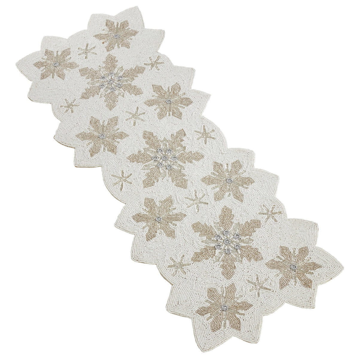 Christmas White Beaded Snowflake Table Runner, Top: glass beads, Bottom: polyester fabric