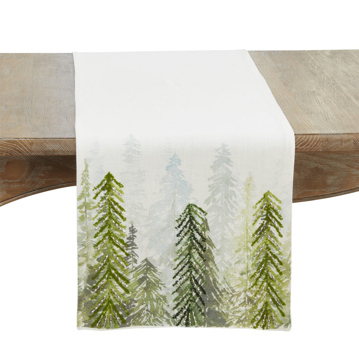 Everyday / All Season White Printed and Beaded Trees Table Runner, 100% cotton