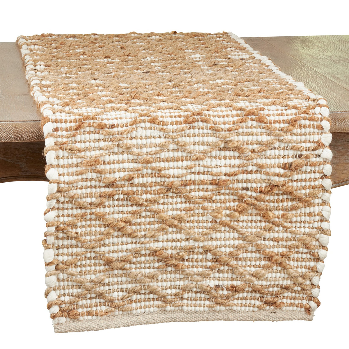 Everyday / All Season Ivory Off-White Diamond Chindi Table Runner, 40% jute, 40% viscose, 20% cotton
