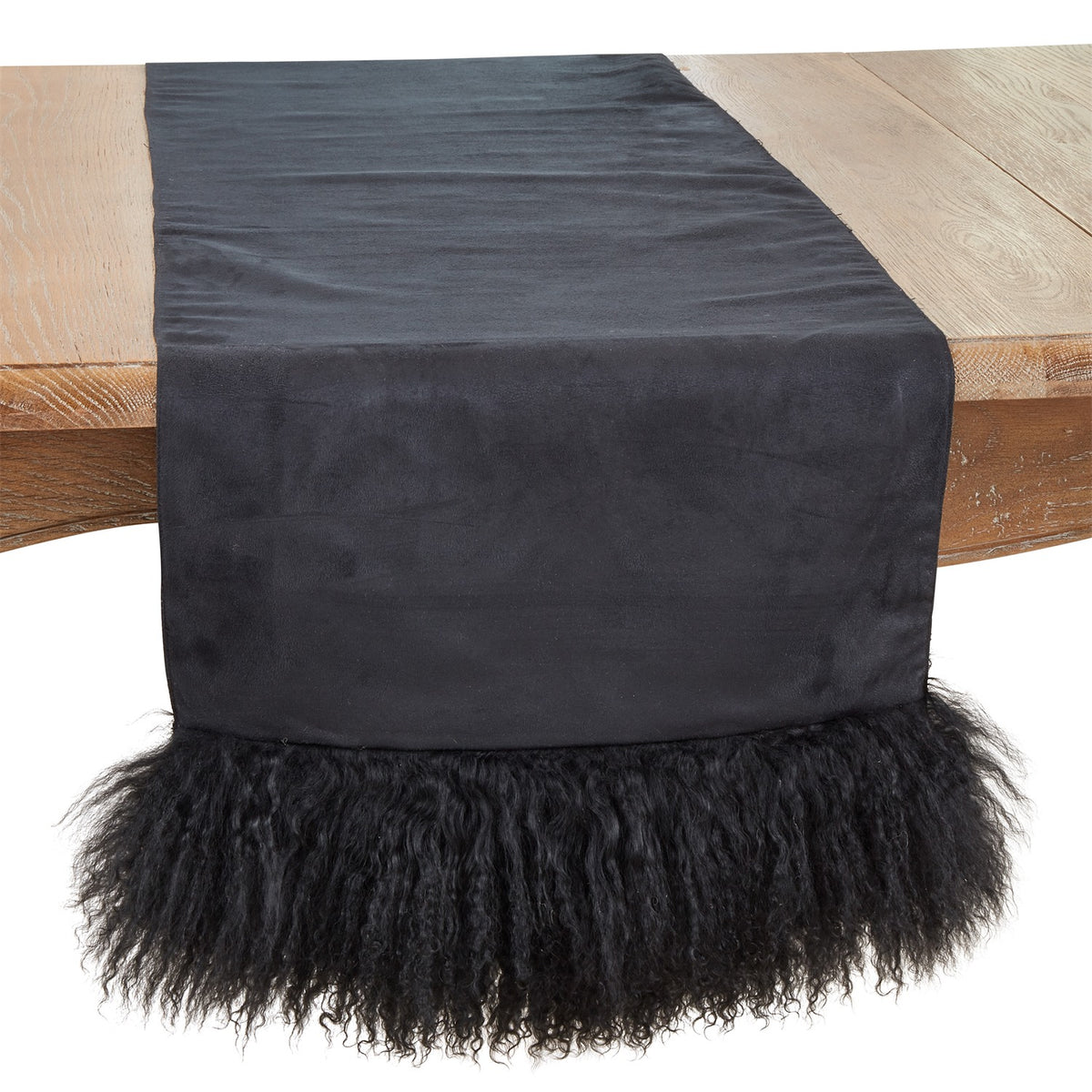 Everyday / All Season Black Mongolian Lamb Fur Table Runner, polyester, lamb fur