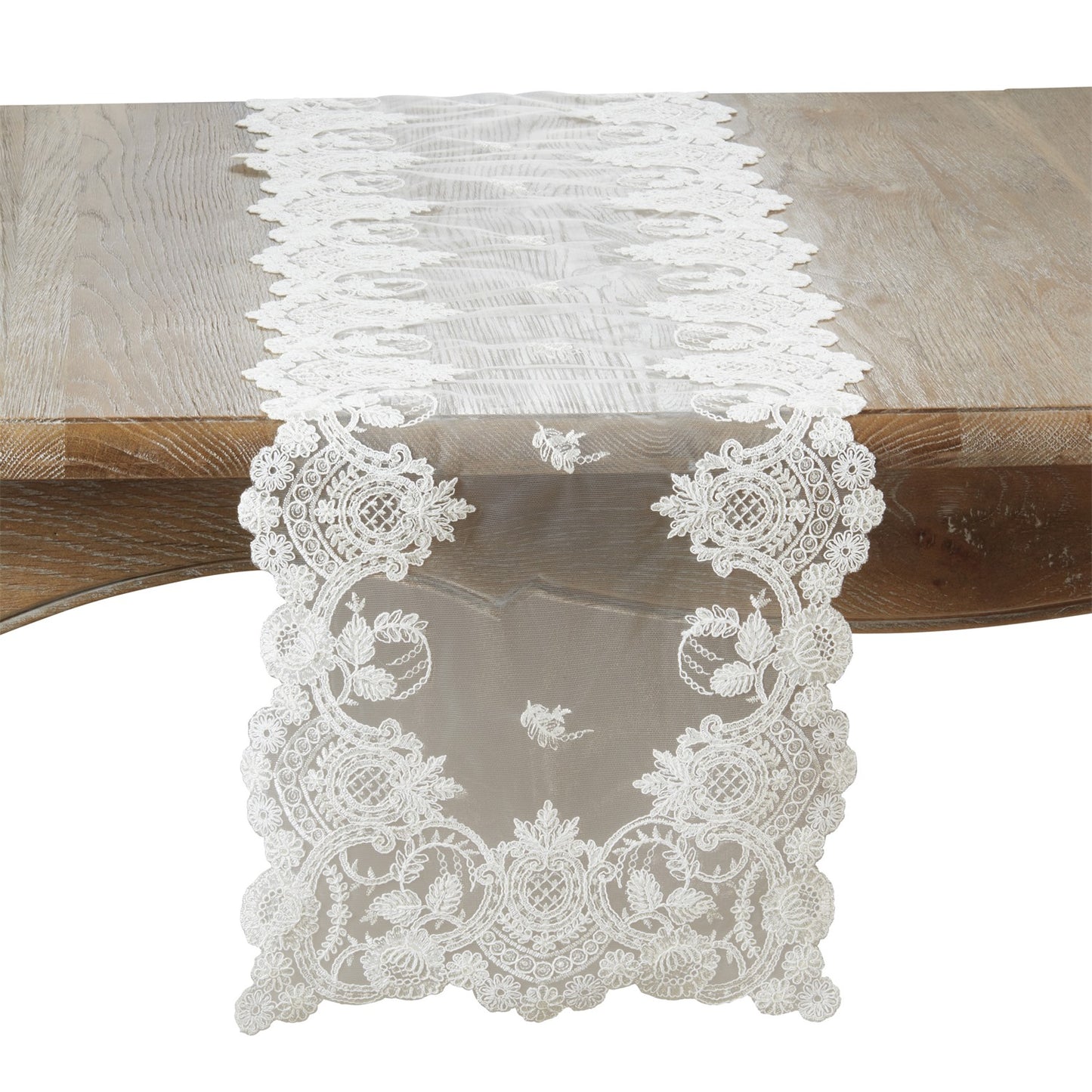 Everyday / All Season Ivory Off-White Embroidered Net Table Runner, 100% Polyester