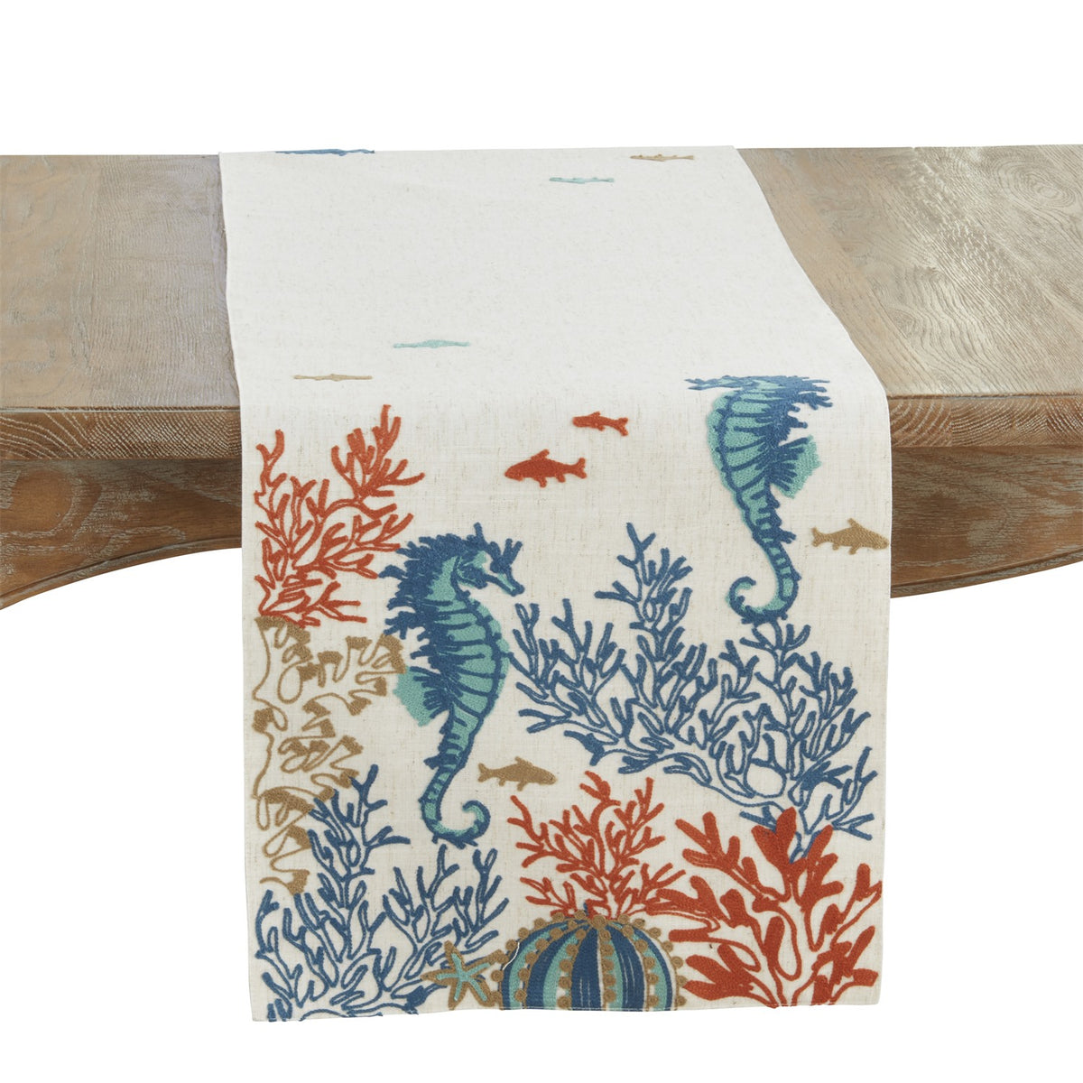 Everyday / All Season Multi Sea Horse and Coral Table Runner, 90% polyester - 10% linen