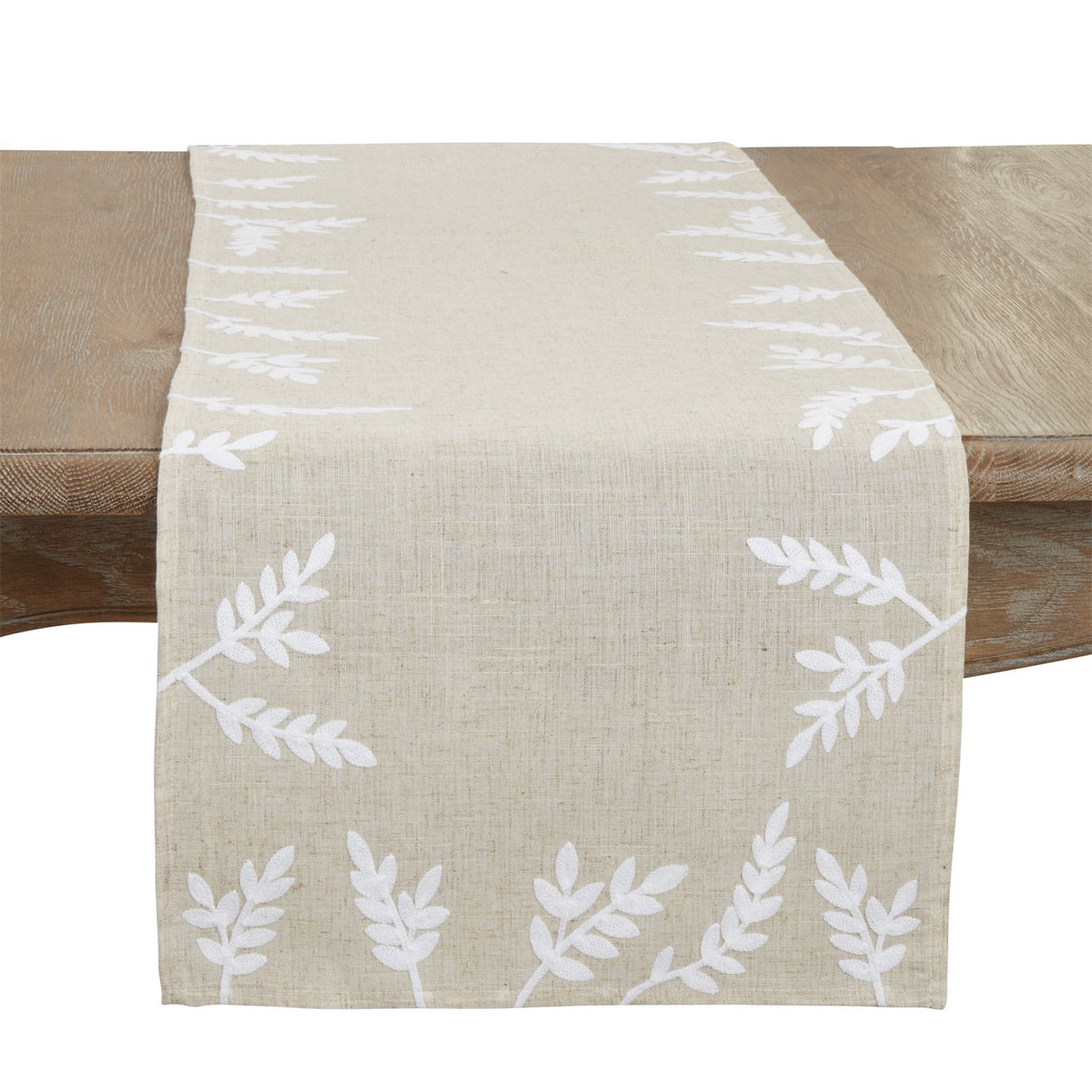 Everyday / All Season Natural Beige Embroidered Leaves Table Runner, 80% polyester - 20% linen