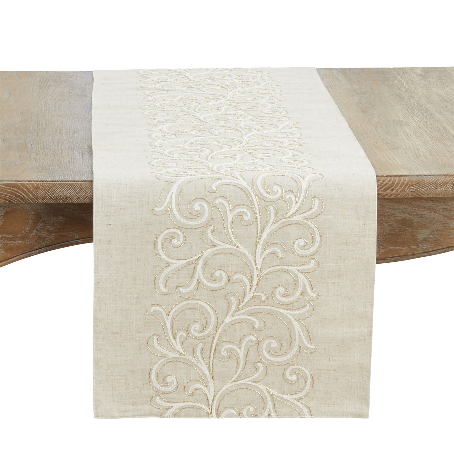 Everyday / All Season Natural Beige Embroidered Scroll Table Runner, 84% polyester - 16% linen