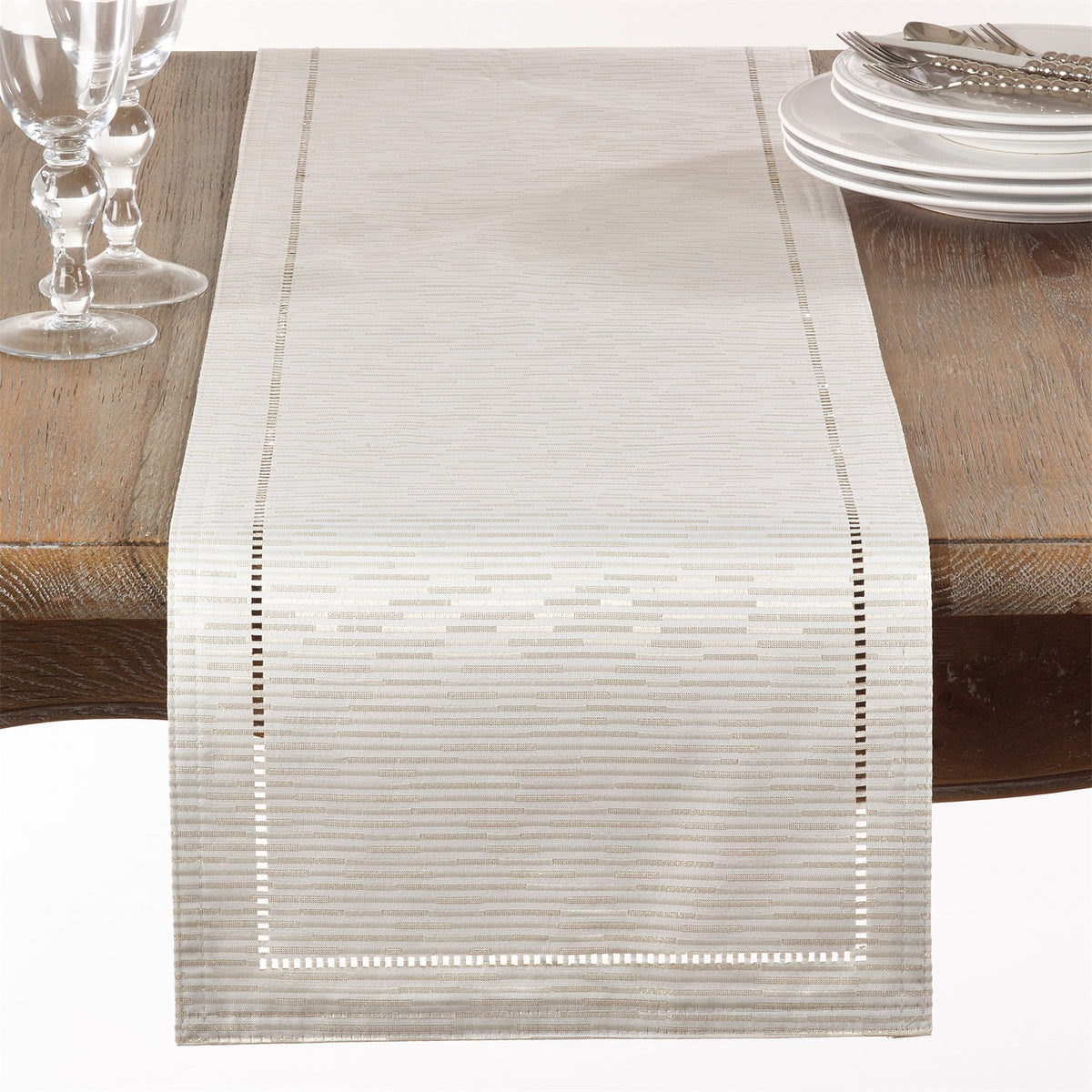 Everyday / All Season Ivory Off-White Hemstitched Design Table Runner, 100% Polyester