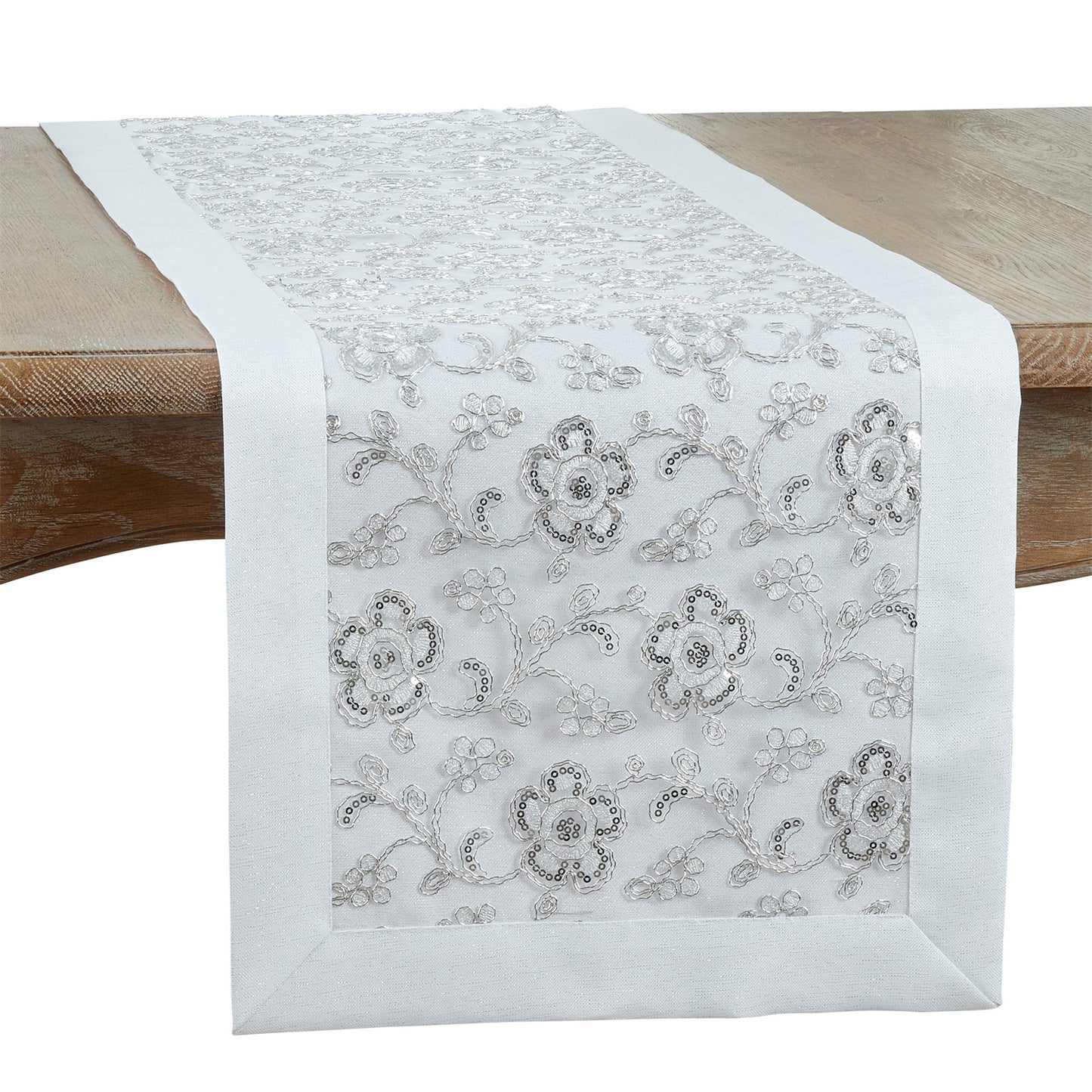 Everyday / All Season White Floral Embroidered Table Runner, 100% Polyester