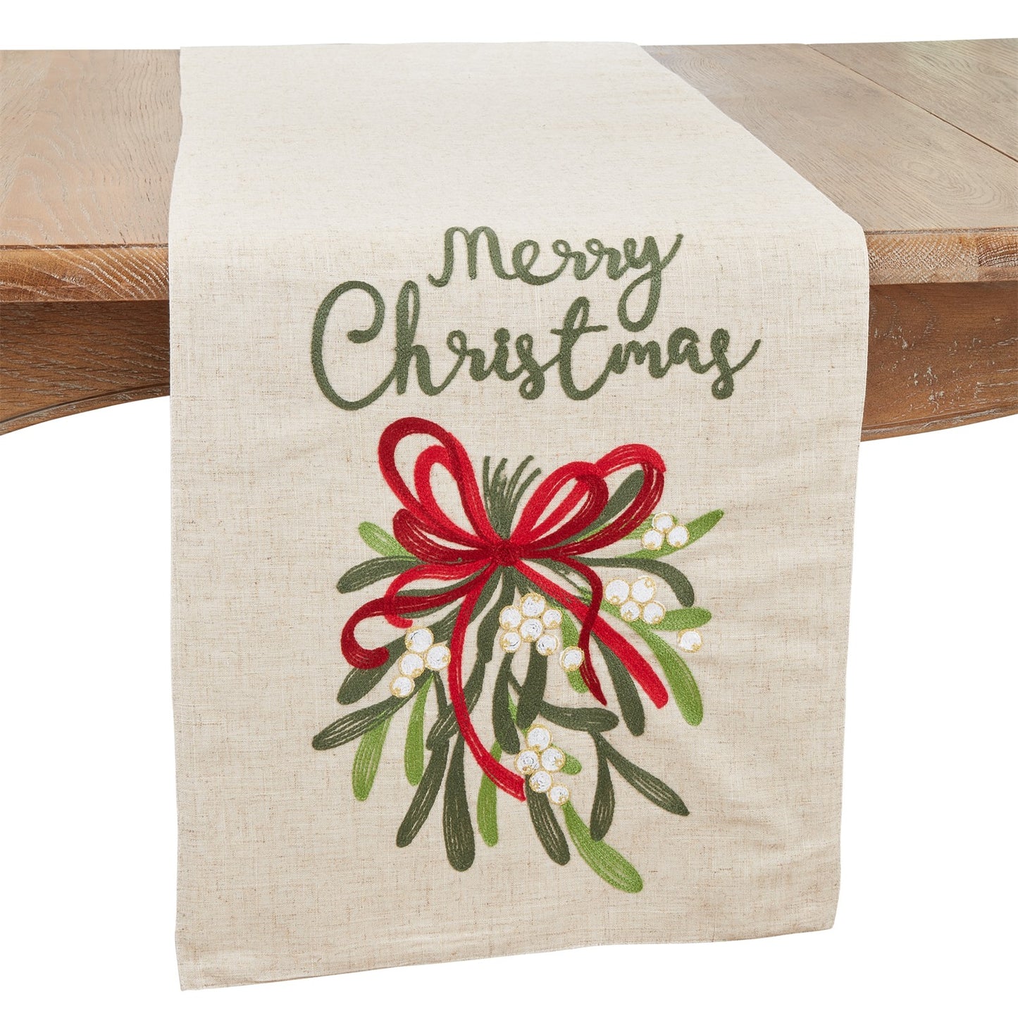 Christmas Natural Beige Merry Christmas Ribbon Table Runner, 80% polyester - 20% linen