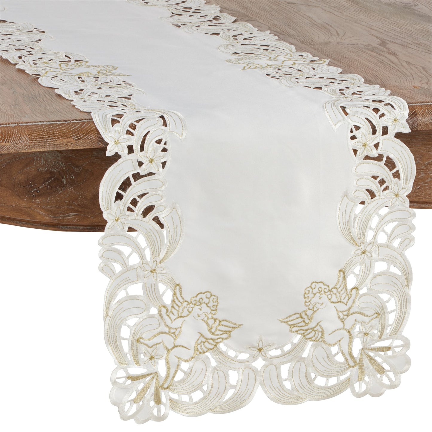Valentine's Day Ivory Off-White Embroidered Cupid Table Runner, 100% Polyester