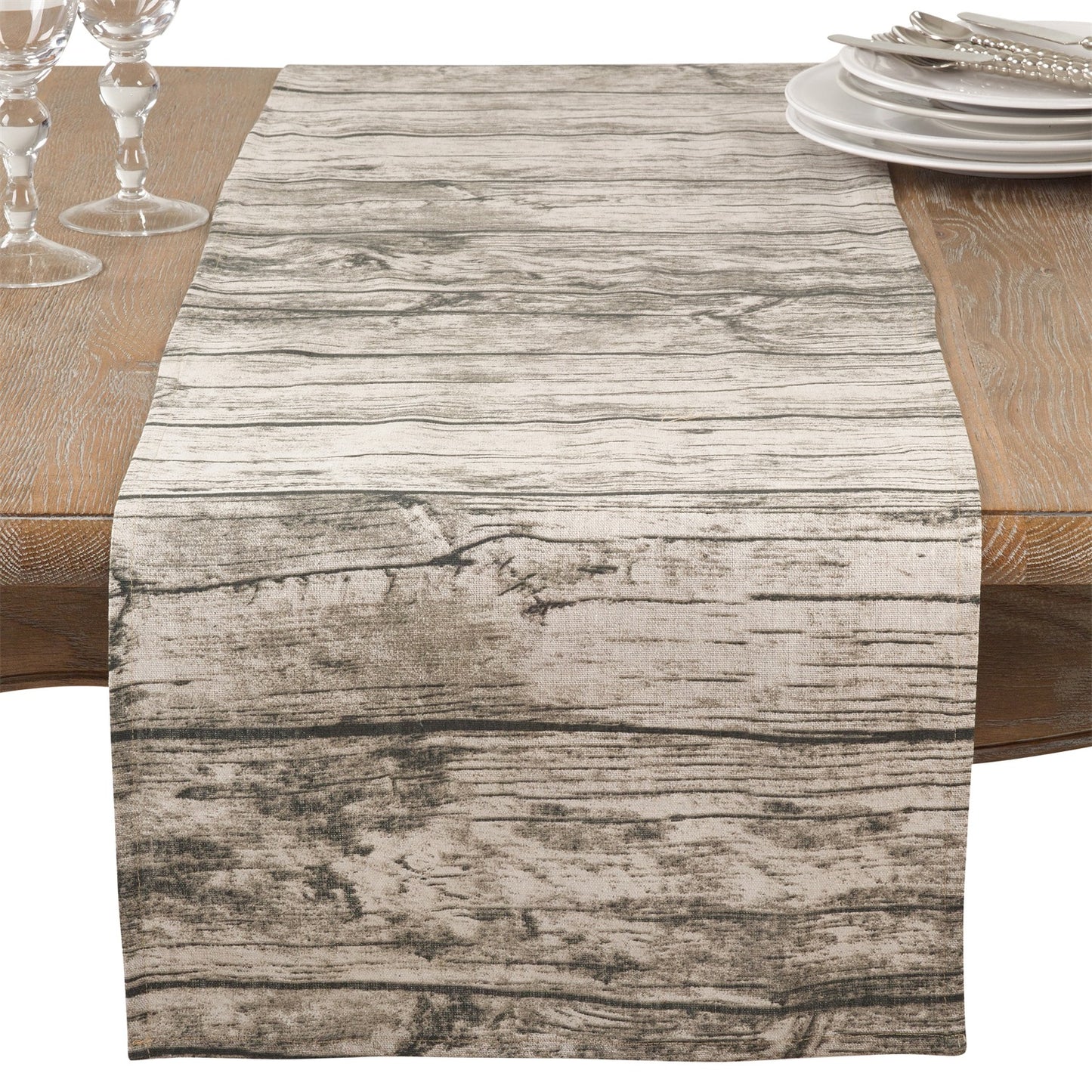 Everyday / All Season Natural Beige Printed Wood Table Runner, 60% cotton - 40% polyester