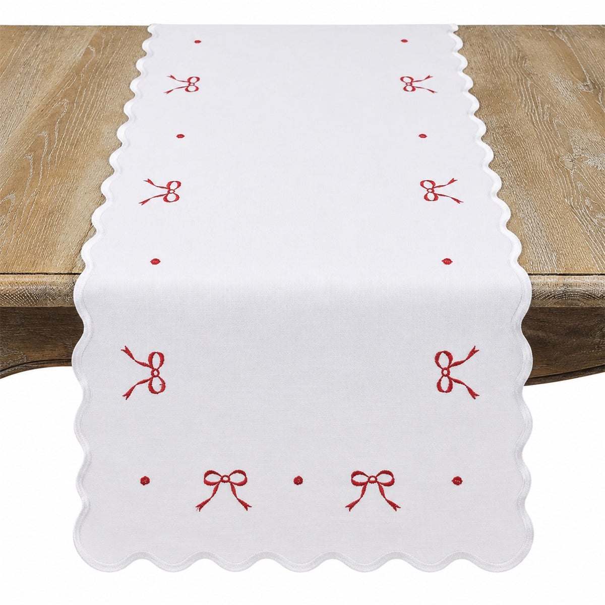 Everyday / All Season Red Embroidered Bows Table Runner, 100% polyester
