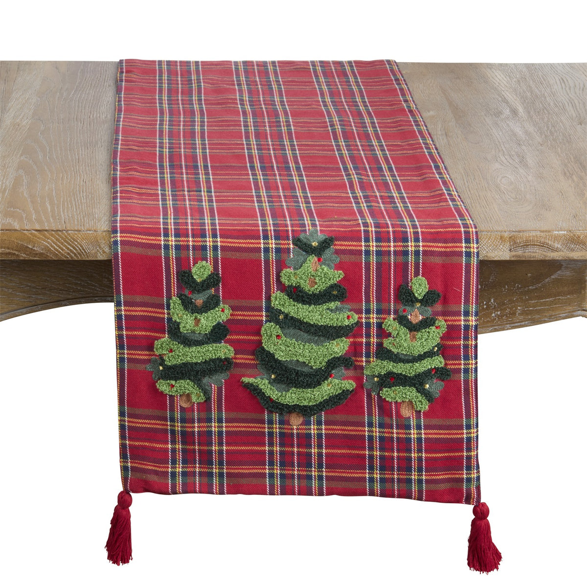 Christmas Red Plaid Christmas Trees Table Runner, 100% cotton