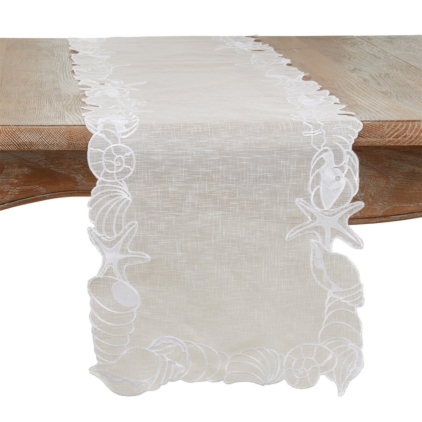Everyday / All Season White Embroidered Seashells Table Runner, 100% Polyester