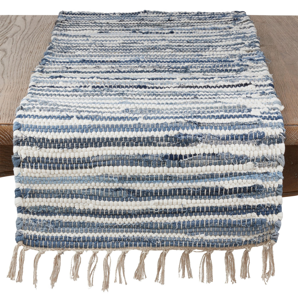Everyday / All Season Denim Blue Striped Denim Chindi Table Runner, 100% cotton