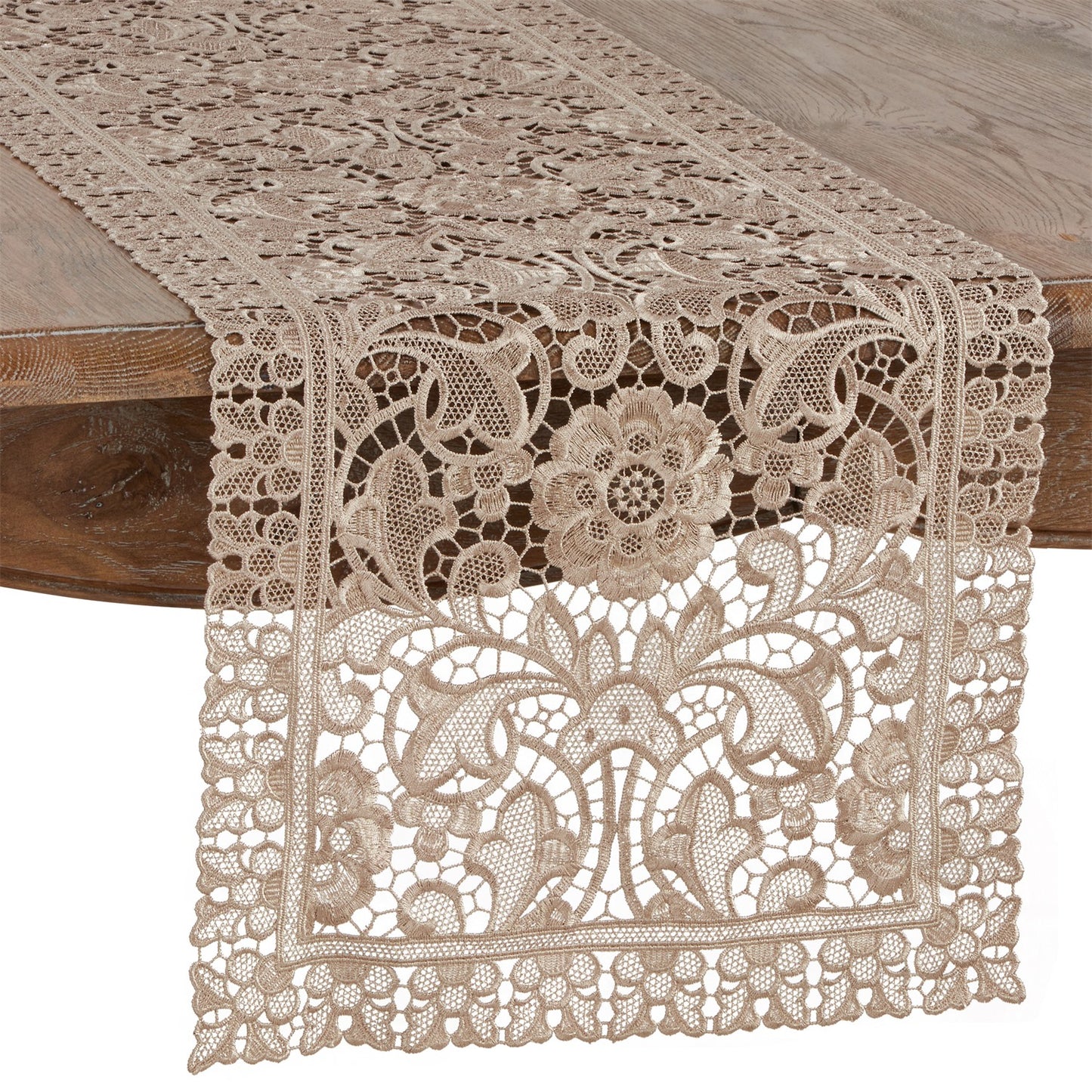 Everyday / All Season Ecru Beige All Over Venice Lace Table Runner, 100% Polyester