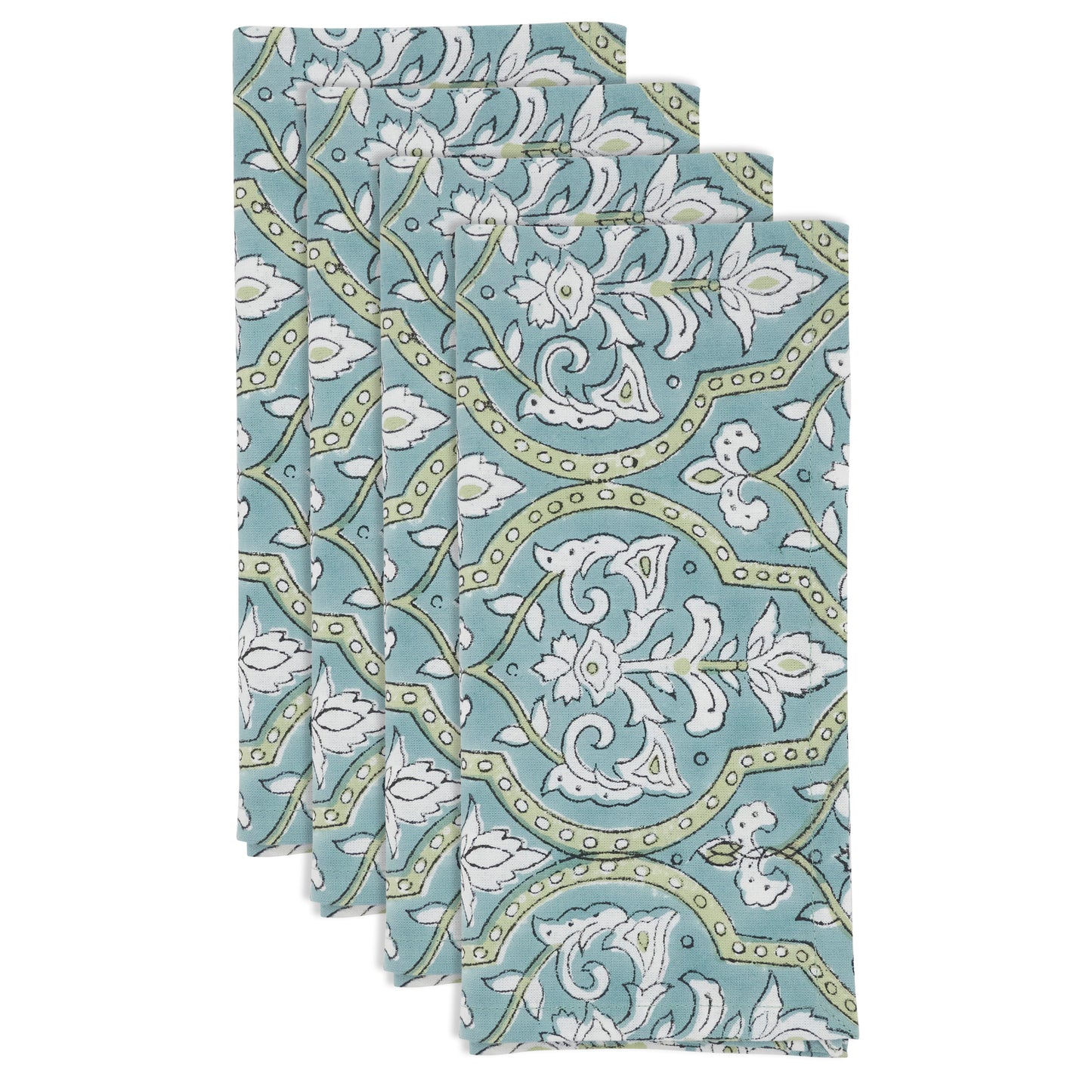 Aqua Hand Block Print Napkins 100% cotton, 20 Inch Square (4 pcs.)