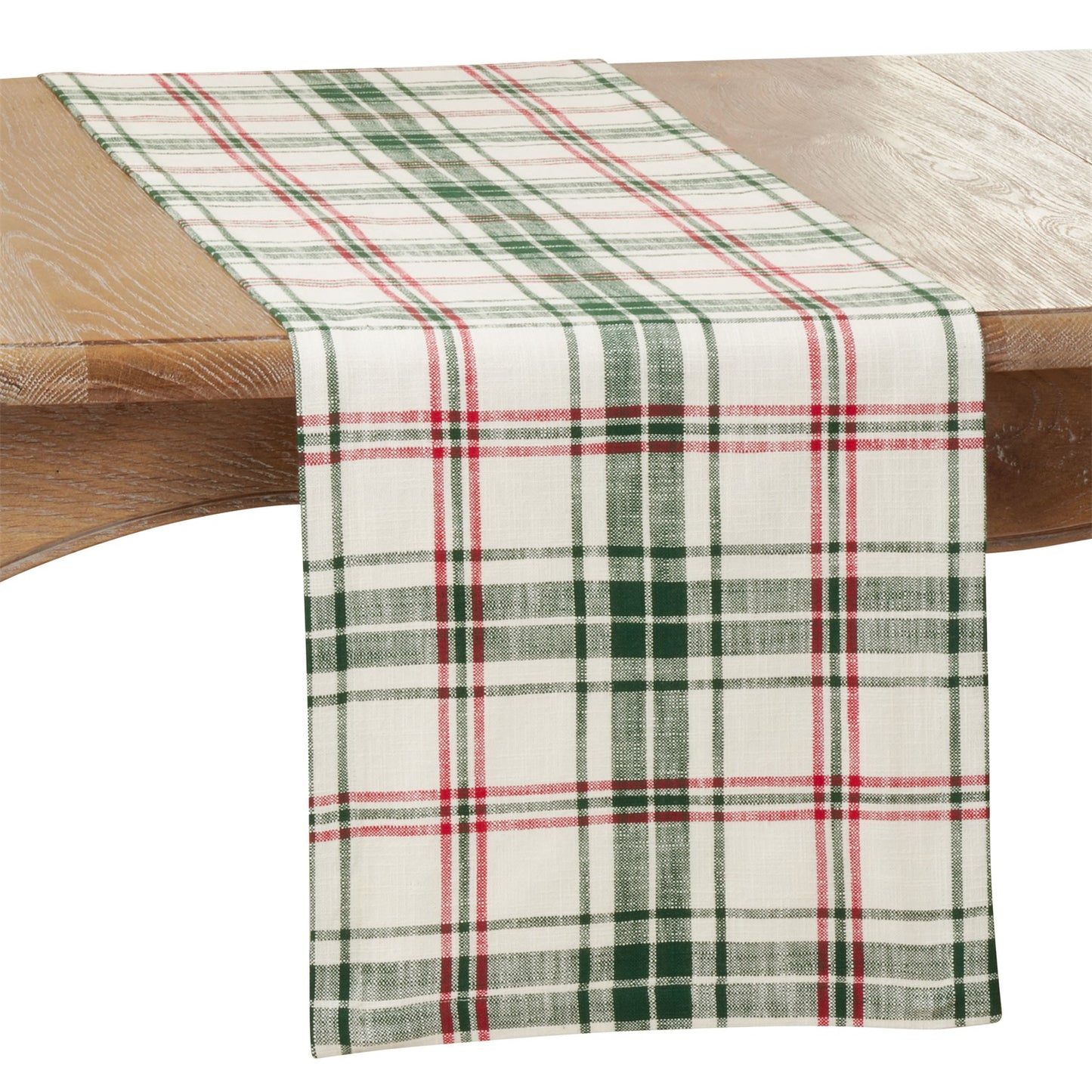 Everyday / All Season White/Green Plaid Table Runner, 100% cotton