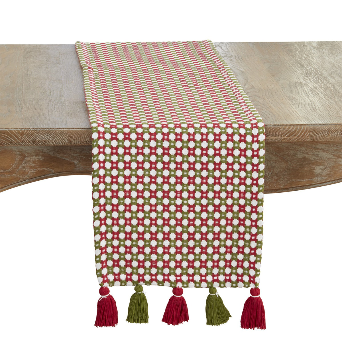 Everyday / All Season Red/Green Woven Tassel Table Runner, 100% cotton