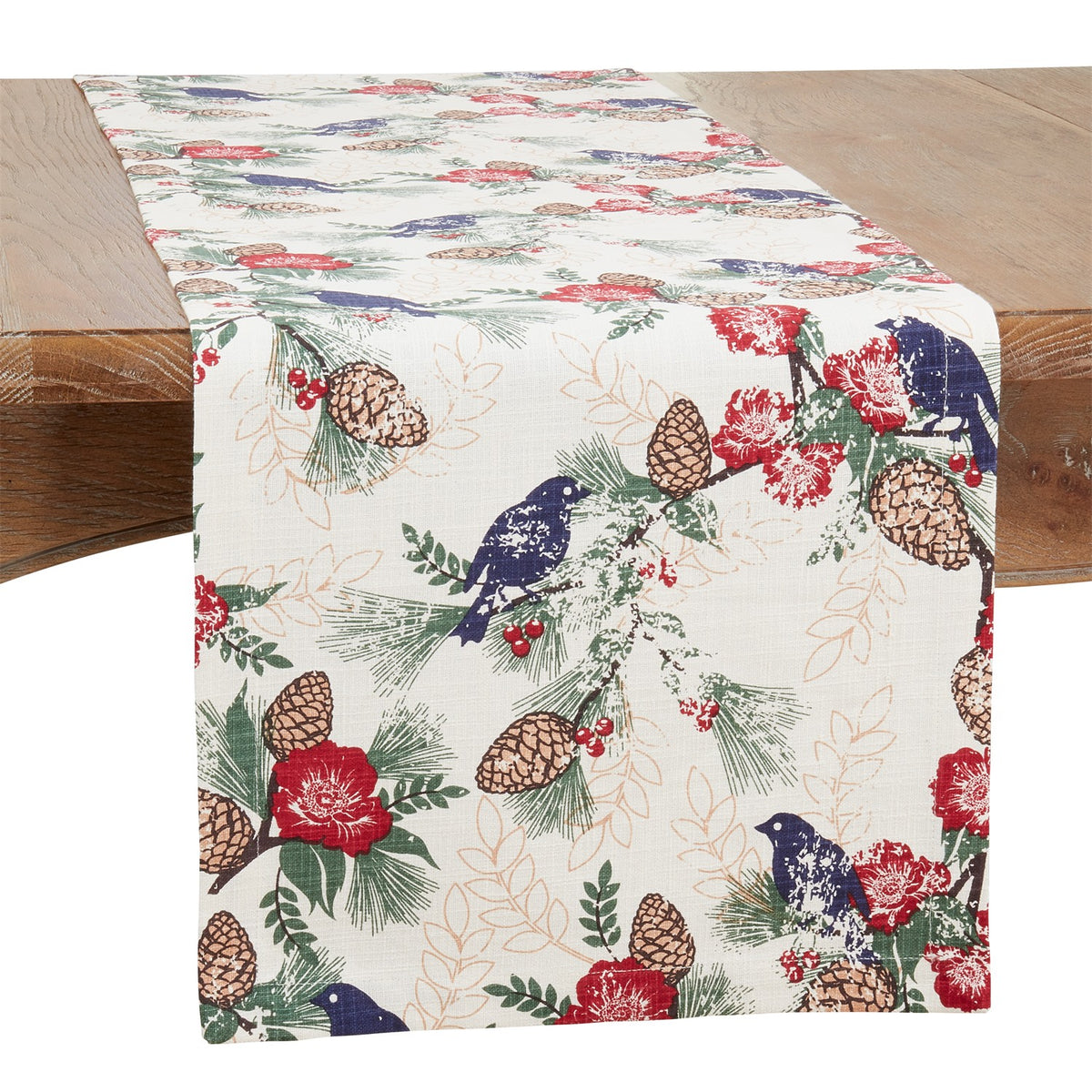 Christmas Multi Pinecones and Birds Table Runner, 100% cotton