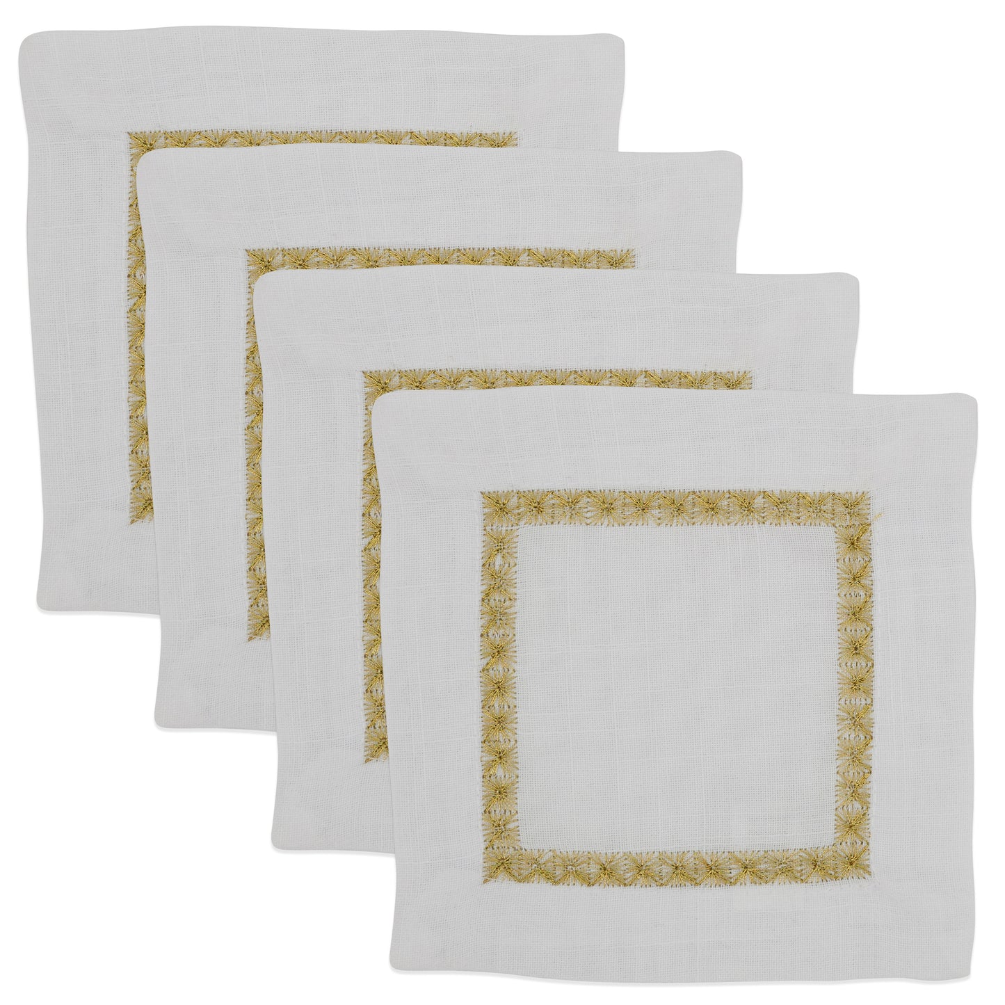 Gold Embroidered Border Cocktail Napkins 100% polyester, 6 Inch Square (4 pcs.)