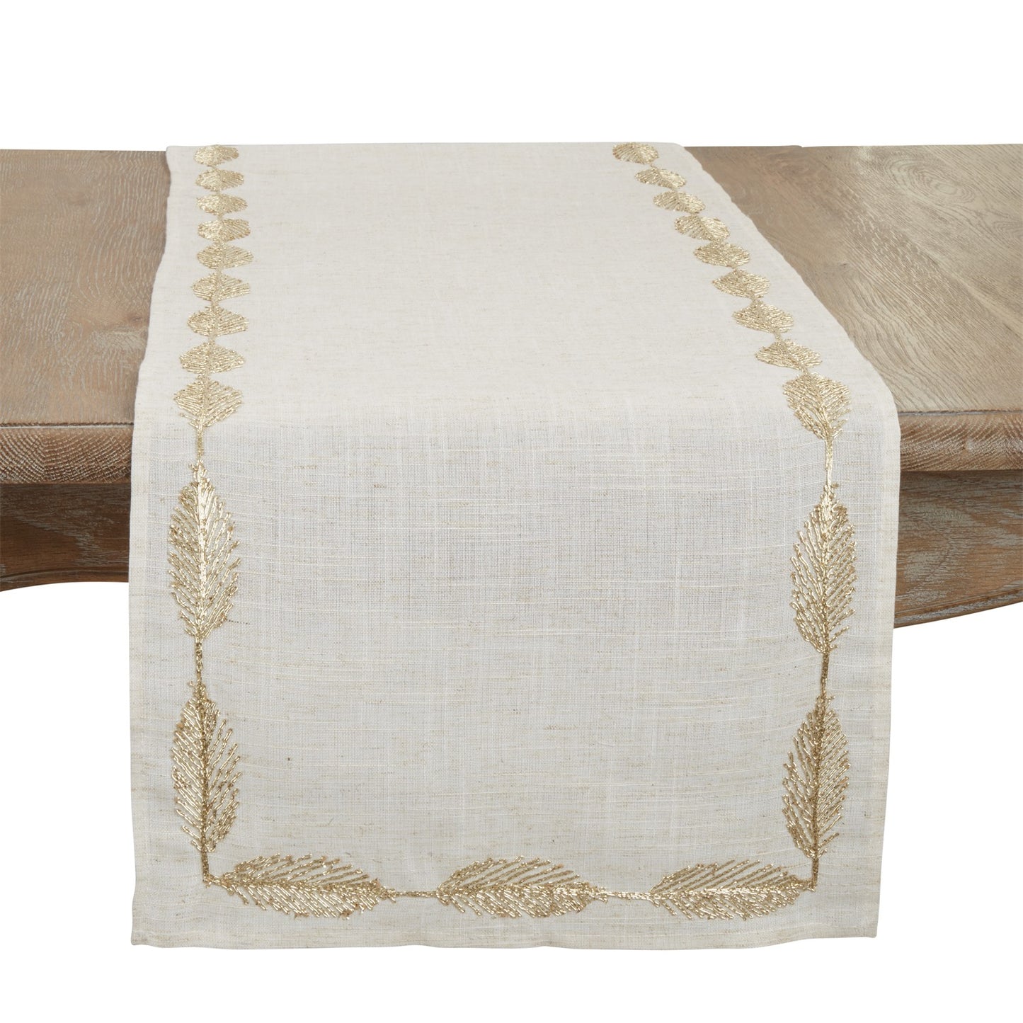 Everyday / All Season Natural Beige Embroidered Leaves Table Runner, 80% polyester - 20% linen