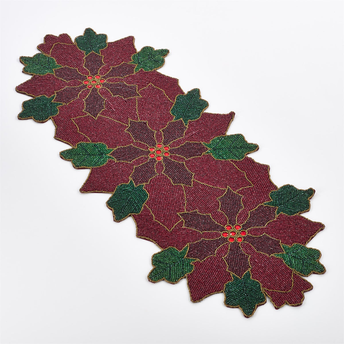 Christmas Red Beaded Poinsettia Table Runner, 100% polyester