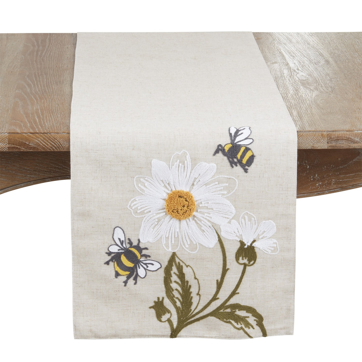 Everyday / All Season Natural Beige Bee and Daisy Table Runner, 84% polyester - 16% linen