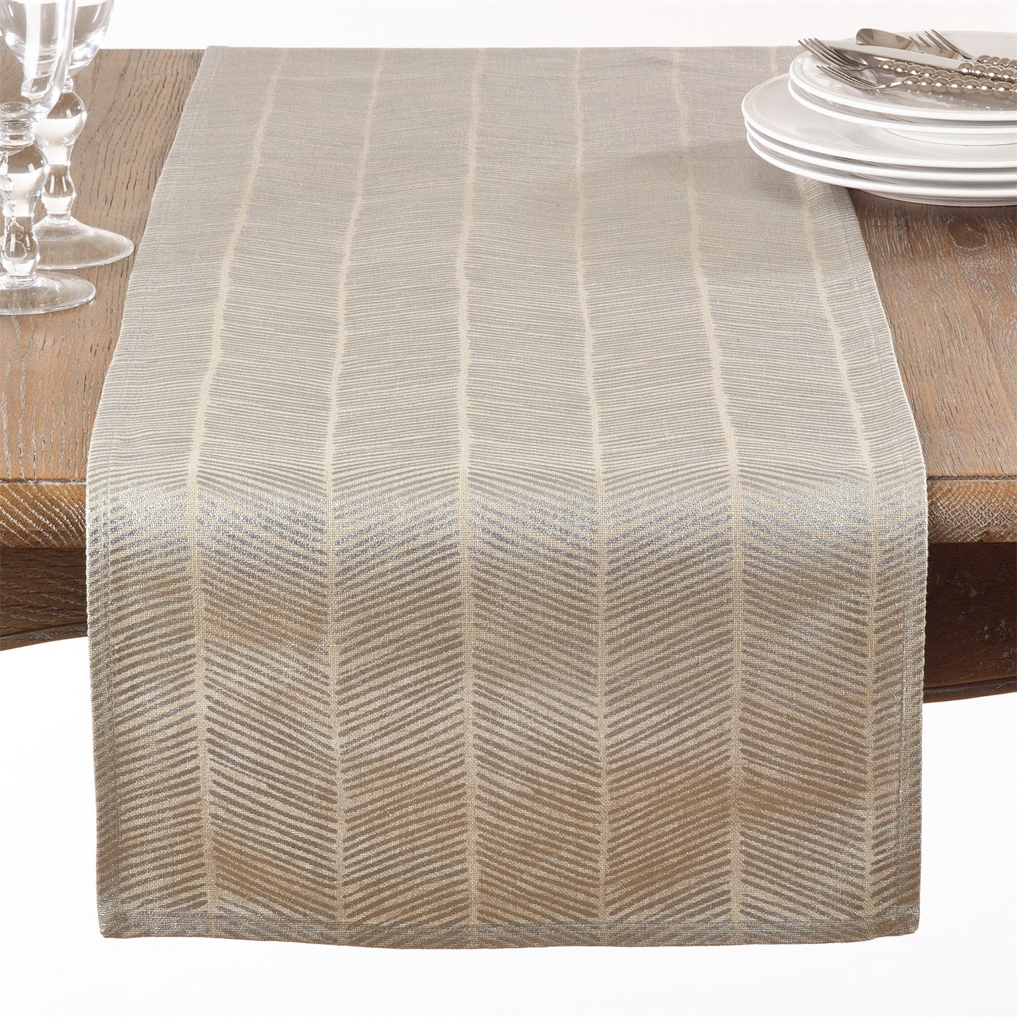 Everyday / All Season Silver Metallic Herringbone Design Table Runner, 100% cotton