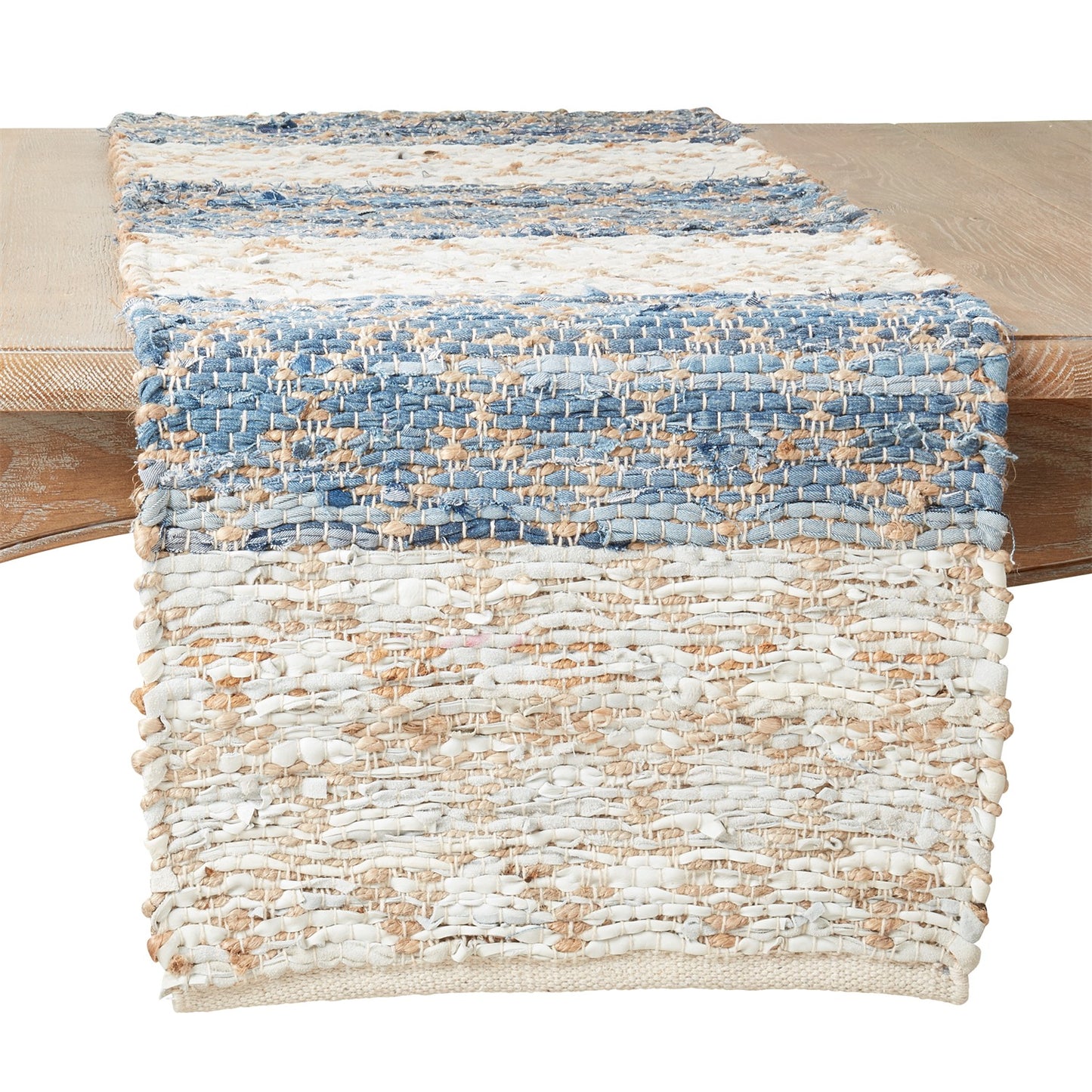 Everyday / All Season Navy Blue Diamond Stripe Chindi Table Runner, 50% jute - 20% denim - 20% leather - 10% cotton