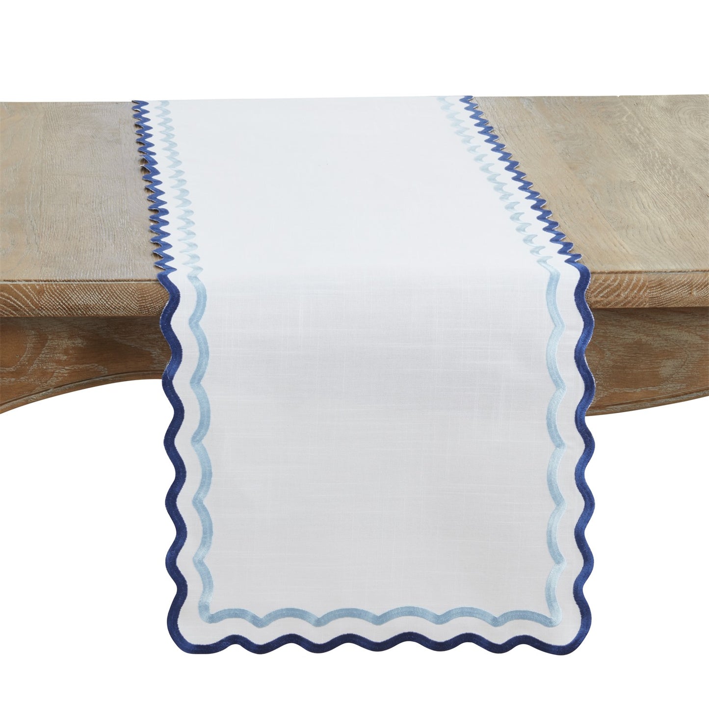 Everyday / All Season Blue Scalloped Border Table Runner, 100% Polyester
