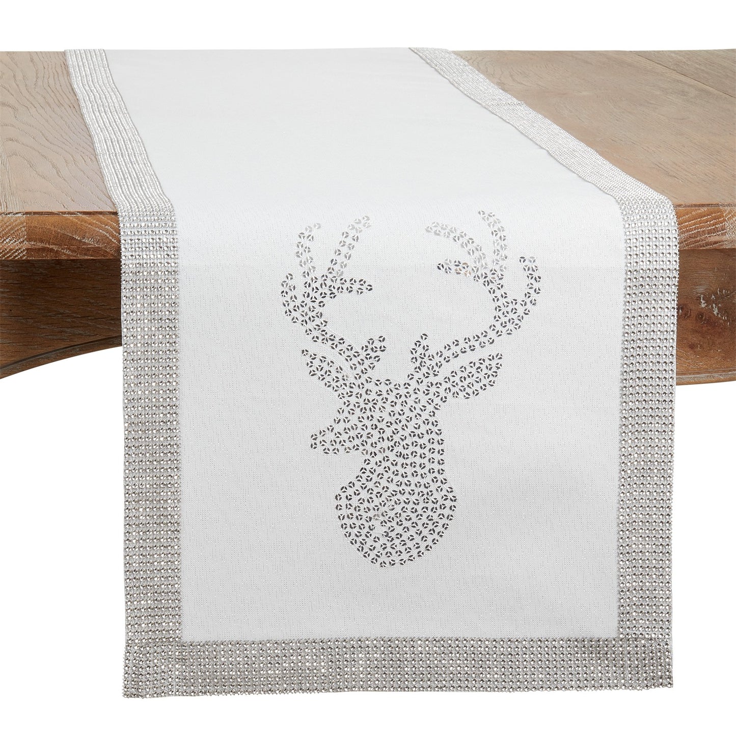 Christmas Silver Sequin Reindeer Table Runner, 100% Polyester