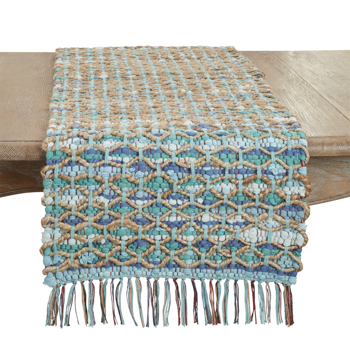 Everyday / All Season Aqua Blue Net Chindi Table Runner, 70% cotton - 30% jute