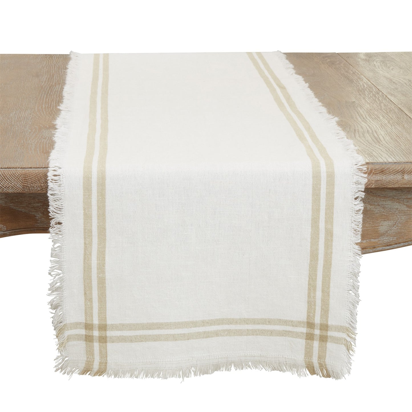 Everyday / All Season Natural Beige Stripe Fringe Table Runner, 100% cotton