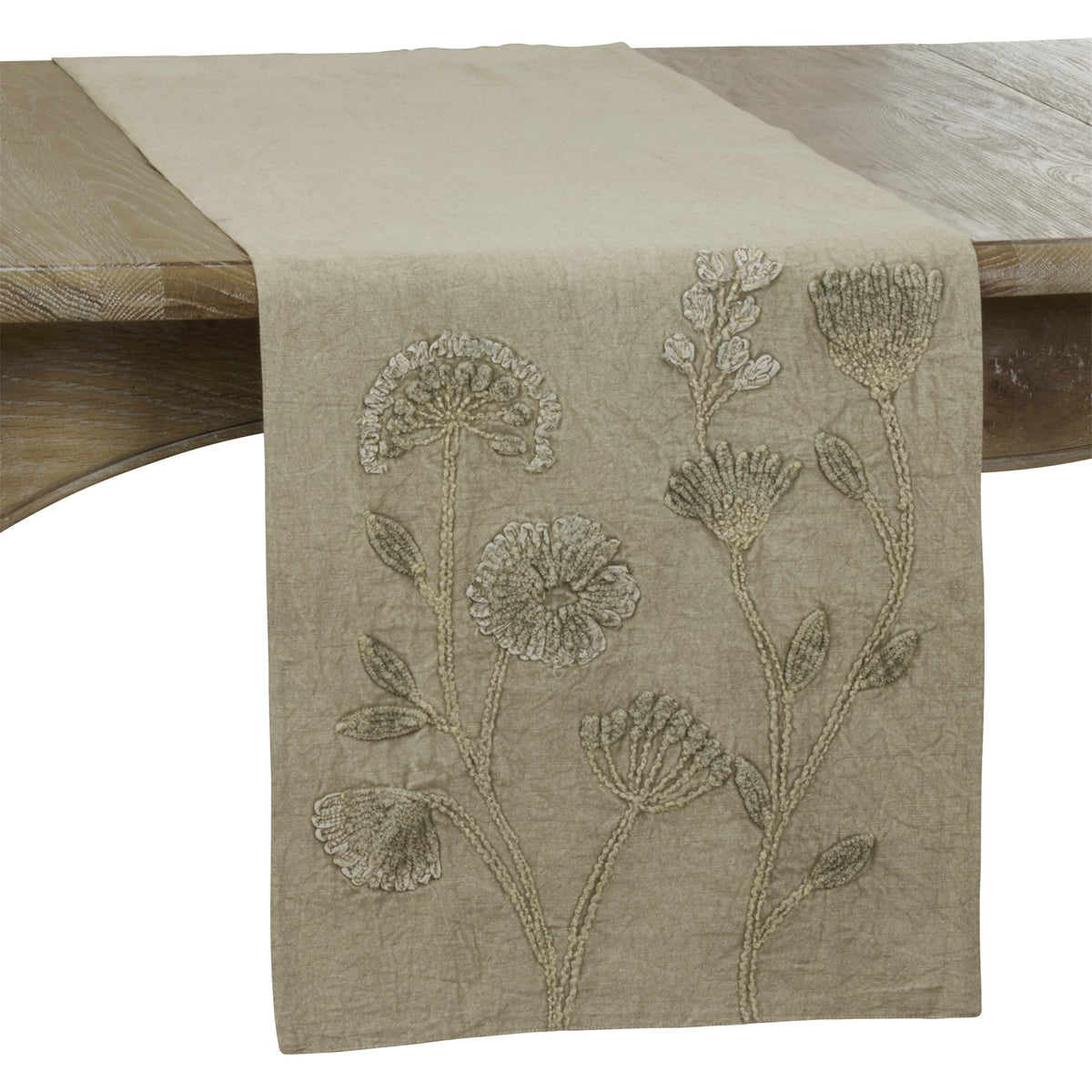 Everyday / All Season Taupe Stone Washed Floral Table Runner, 100% cotton