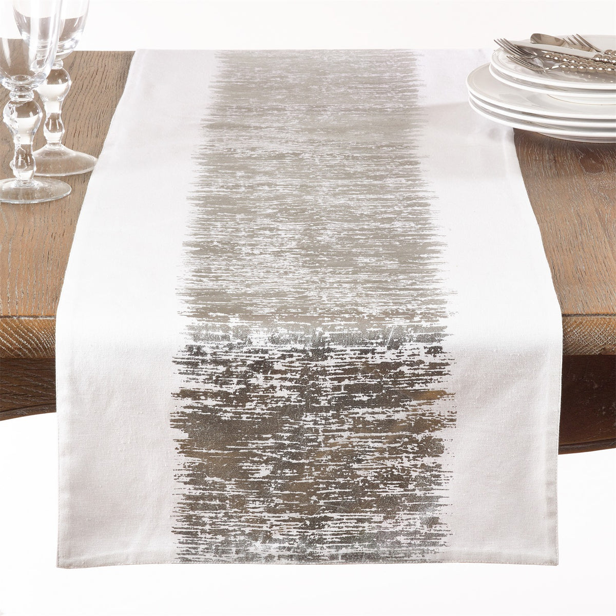 Everyday / All Season Silver Metallic Banded Design Table Runner, 100% cotton