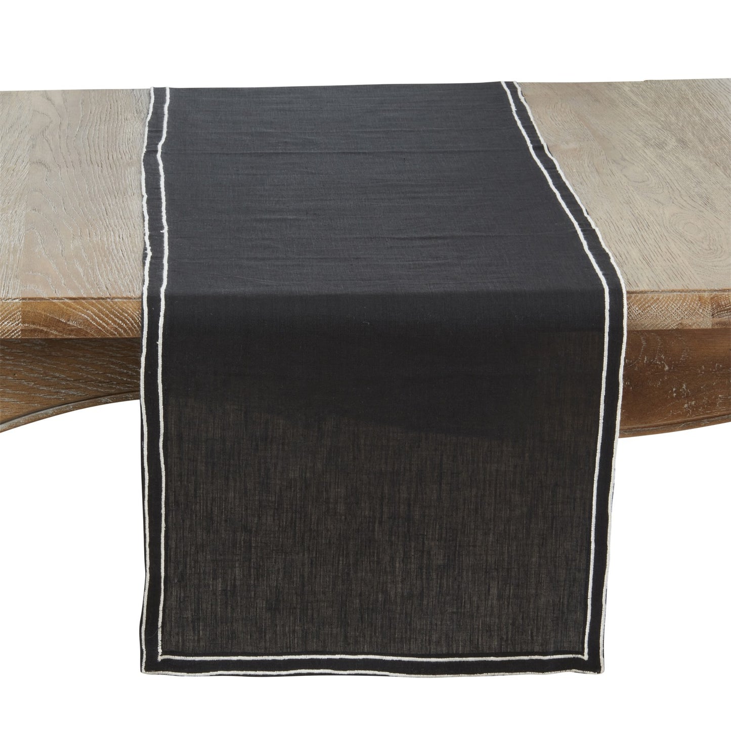 Everyday / All Season Black Embroidered Double Line Table Runner, 100% linen
