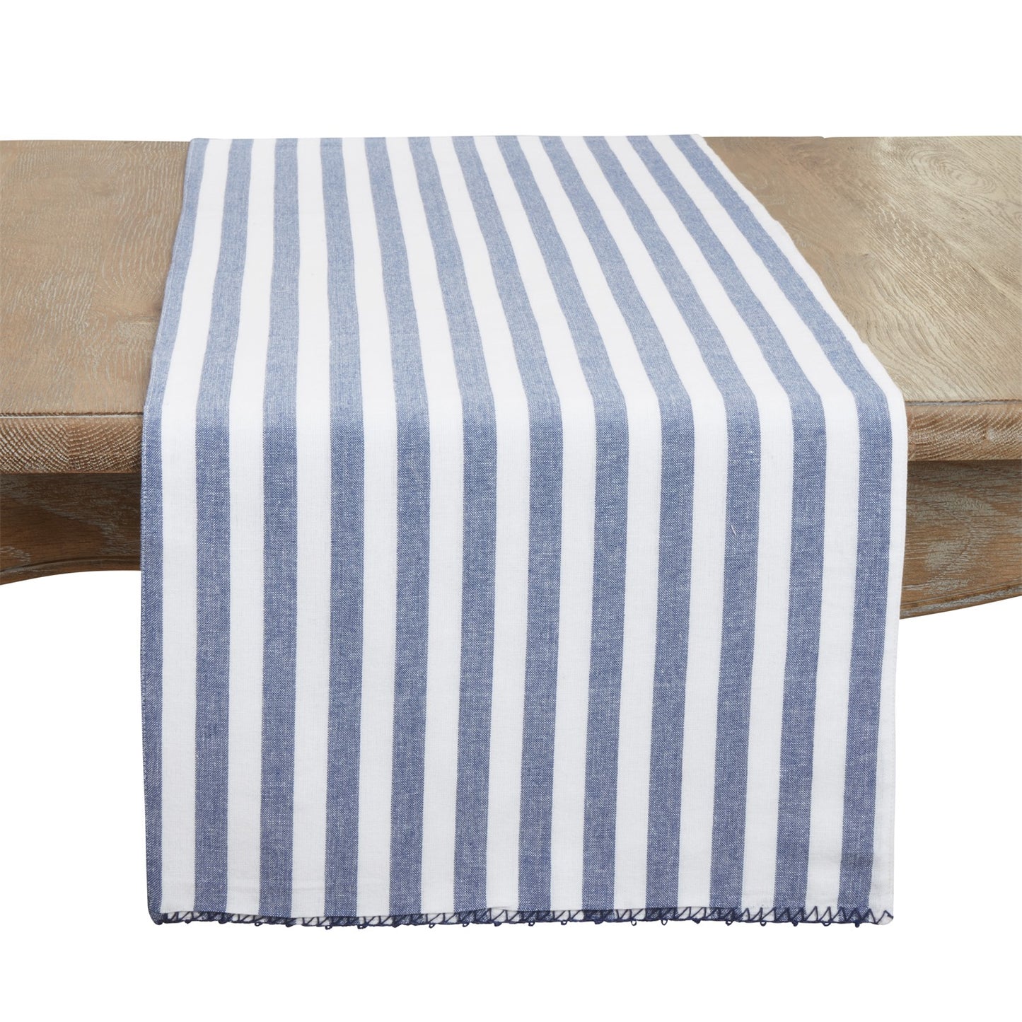 Everyday / All Season Blue Striped Whipstitch Pom Pom Table Runner, 100% cotton
