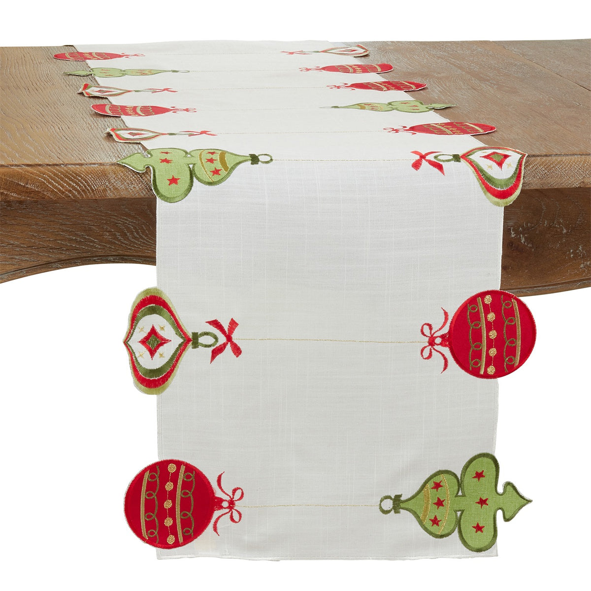 Christmas White Embroidered Ornaments Table Runner, 100% Polyester