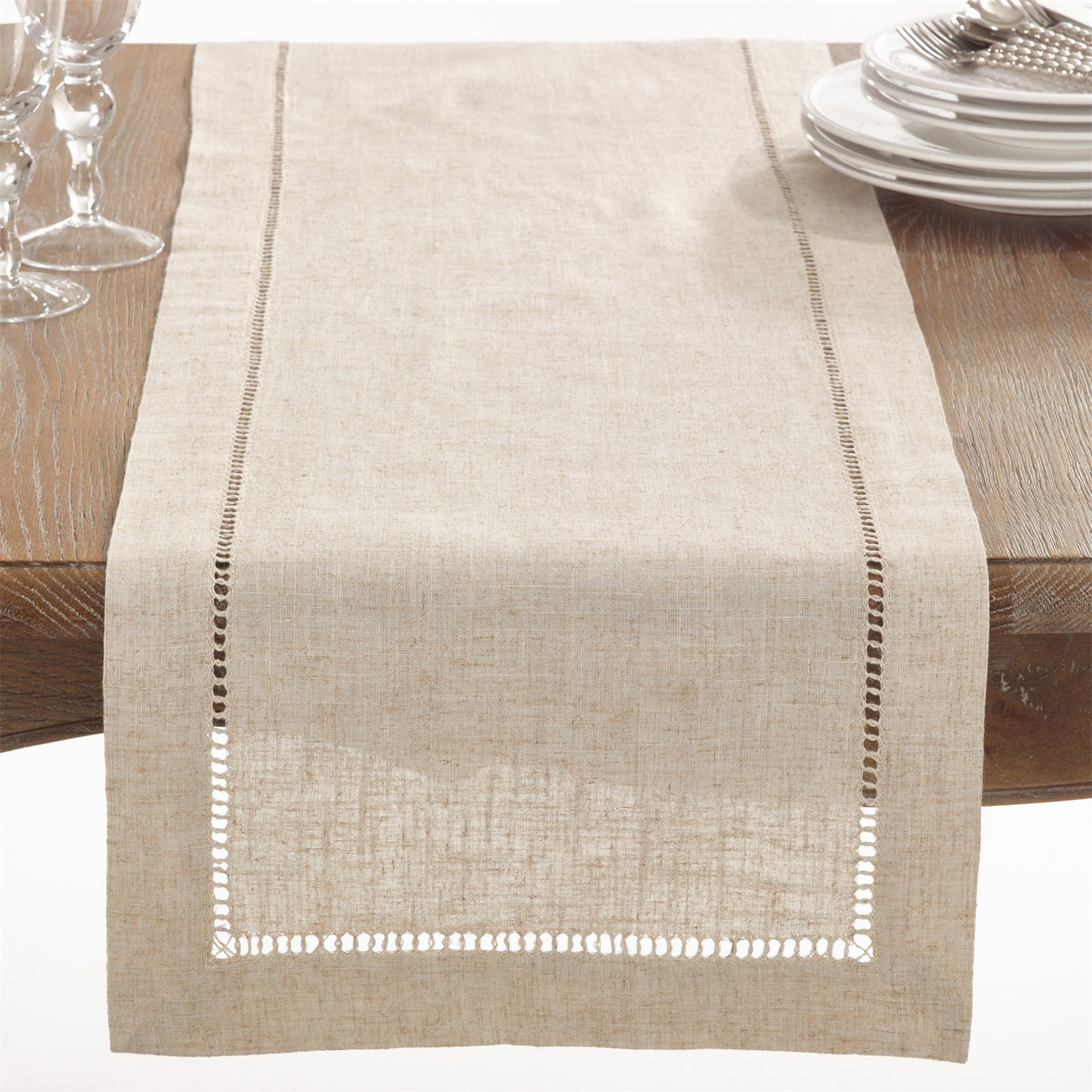 Everyday / All Season Natural Beige Toscana Hemstitched Table Runner, 80% polyester - 20% linen
