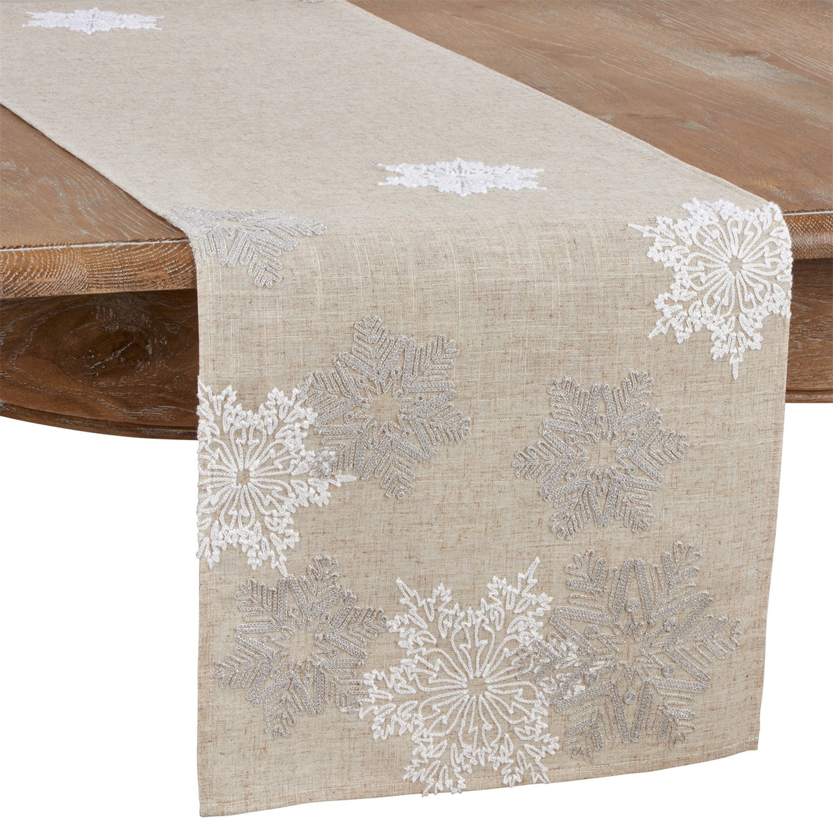 Christmas Natural Beige Embroidered Snowflake Table Runner, 100% Polyester
