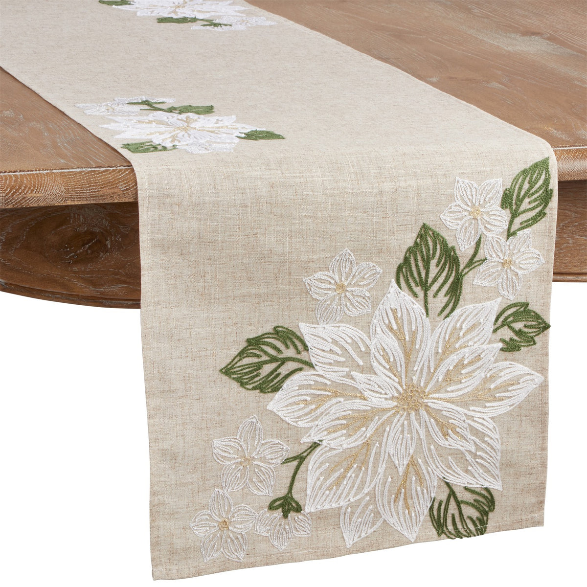 Christmas Natural Beige Embroidered Poinsettia Table Runner, 80% polyester - 20% linen