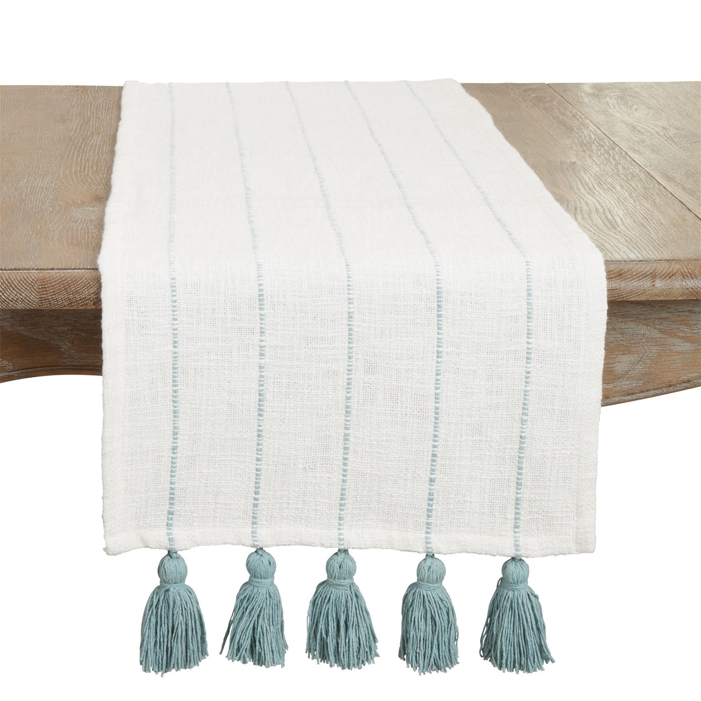 Everyday / All Season Mint Green Stripe Tassel Table Runner, 100% cotton
