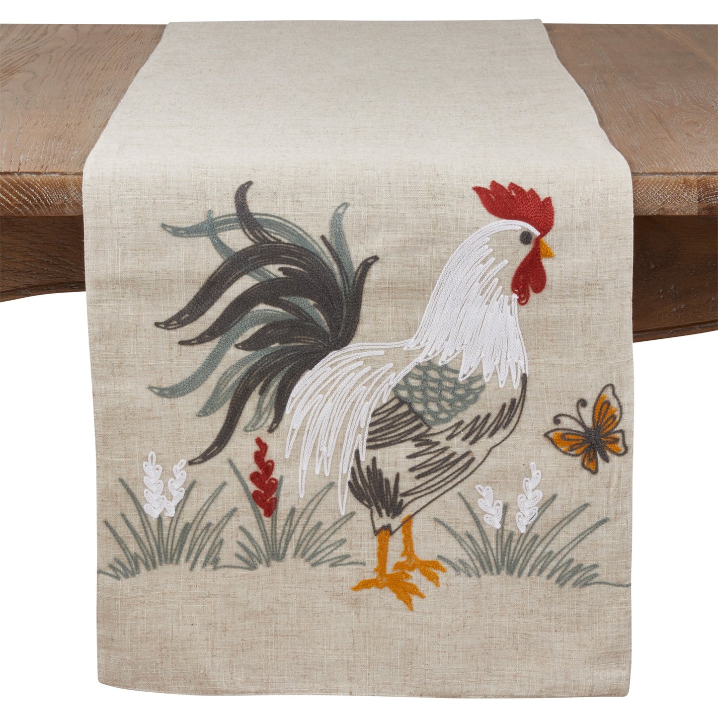 Everyday / All Season Natural Beige Rooster Table Runner, 84% POLYESTER - 16% LINEN
