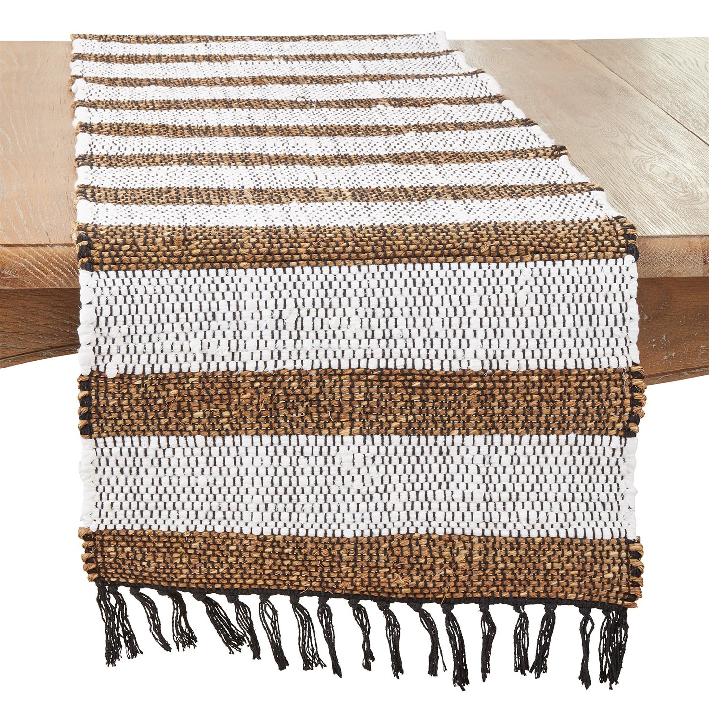 Everyday / All Season Natural Beige Striped Chindi Table Runner, 55% cotton - 45% sea grass