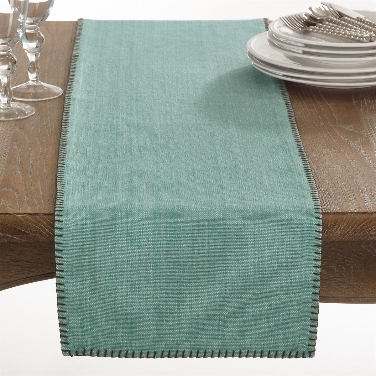 Everyday / All Season Aqua Blue Whip Stitched Design Table Runner, 100% cotton