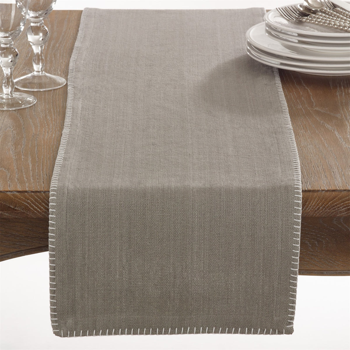Everyday / All Season Grey Whip Stitched Design Table Runner, 100% cotton