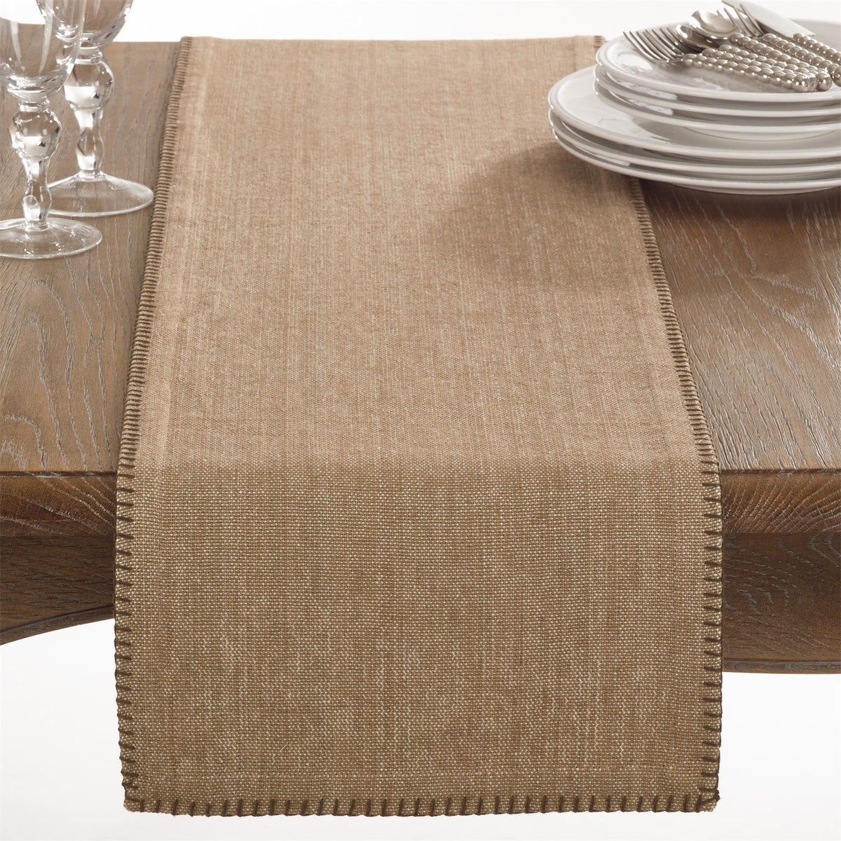 Everyday / All Season Natural Beige Whip Stitched Design Table Runner, 100% cotton